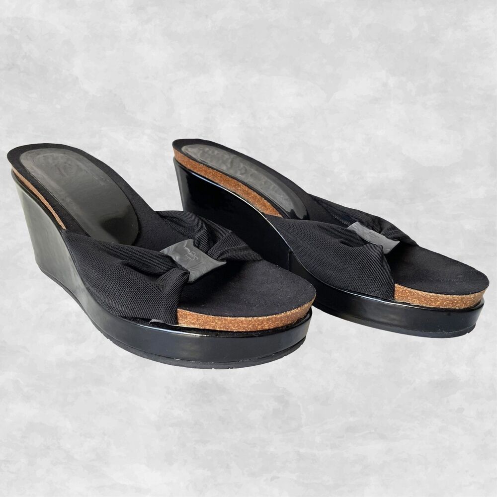Donald J Pliner Wedge Sandal Women's 7.5 Black Patent Leather/Fabric Slip On